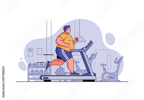 Flat style vector illustration of plus size man running on treadmill, inclusive fitness and healthy lifestyle concept with cardio workout and modern abstract background for training design
