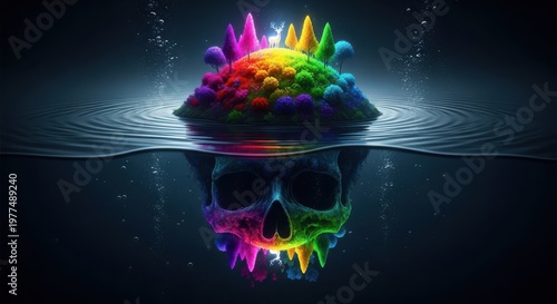 Surreal Concept of Life and Death with Rainbow Island over Hidden Skull