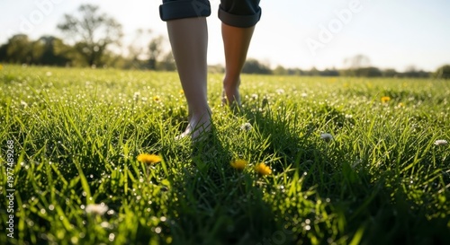 Barefoot person walking through a sunlit green meadow at golden hour.