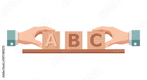 Hands holding wooden alphabet blocks abc on shelf with minimalist