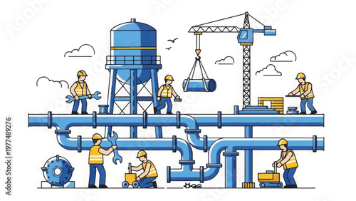 Plumbing infrastructure construction and maintenance. Workers building complex water supply pipe system with storage tank and crane. Hand-drawn vector.