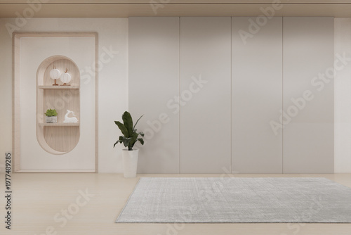 Clean Modern room, Mock up carpet on wooden floor on white wall decoration.3D rendering