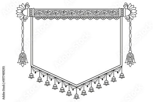 Decorative Indian wedding banner with ornate patterns and hanging bells, perfect for cultural celebrations and festive designs
