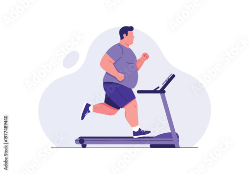 Flat style vector illustration of plus size man running on treadmill, inclusive fitness and healthy lifestyle concept with cardio workout and modern abstract background for training design