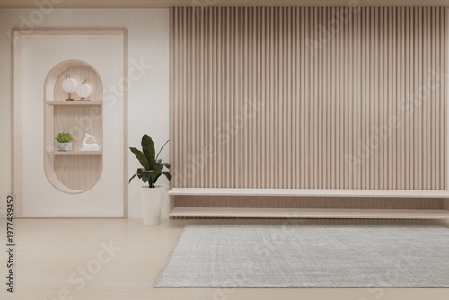 Small wall mounted storage cabinet on Empty room,Clean japanese minimalist room interior, 3D rendering