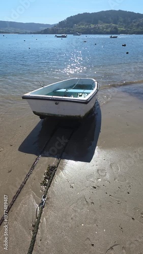 vertical landscape of a boat moored on the beach