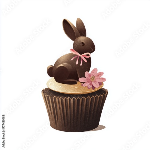 Easter Bakery Illustration With Chocolate Cupcake And A Smooth Chocolate Bunny Topper