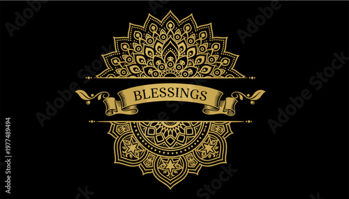 Beautifully intricate golden mandala design with the word blessings inscribed on a banner, perfect for spiritual and wellness themes