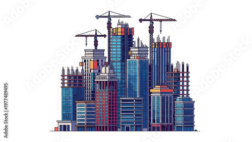 Pixel Art City Construction Site: Detailed Voxel Skyscraper Cluster with Tower Cranes and Urban Development on White Background
