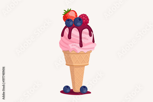 Pink Strawberry Ice Cream Cone with Berry Syrup and Fresh Fruits Topping, Vector Illustration.