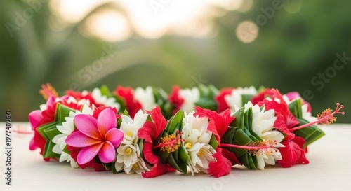 Vibrant Hawaiian Lei of Tropical Flowers on a Table with Blurred Greenery Background.