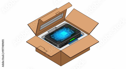 Isometric Illustration of a High-Tech Futuristic Device Unboxing from a Cardboard Box with Glowing Circuitry
