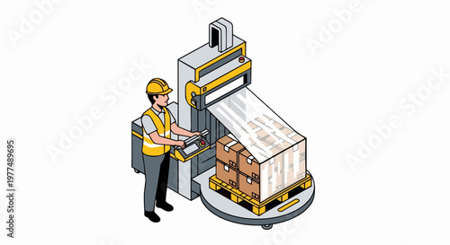 Warehouse Worker Operating Automatic Pallet Wrapping Machine for Shipping Logistics - Isometric Vector Illustration