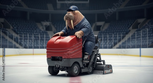 Walrus Maintenance Worker Driving Ice Resurfacer in Hockey Arena