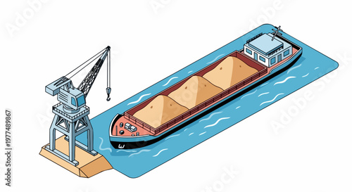 Isometric Illustration of a Cargo Barge Carrying Sand with a Harbor Crane on a Pier