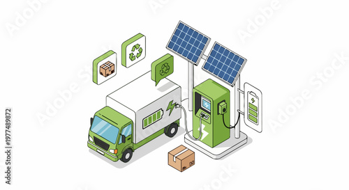 Isometric Electric Delivery Truck Charging at Green Solar Powered Station, Sustainable Logistics and Eco-Friendly Transportation Concept Vector