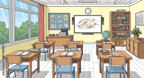 Empty Classroom with Desks, Smartboard, and Bookshelf - Back to School Illustration