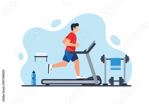 Flat style vector illustration of man running on treadmill, healthy lifestyle and cardio workout concept isolated on modern background for training and exercise