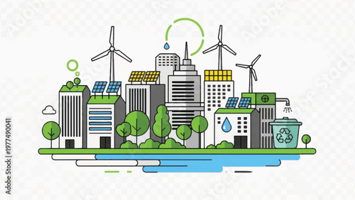 Green City Concept: Sustainable Urban Landscape with Renewable Energy, Solar Panels, Wind Turbines, and Recycling.