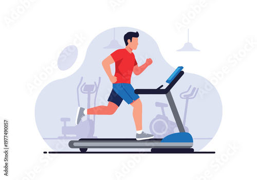 Flat style vector illustration of man running on treadmill, healthy lifestyle and cardio workout concept isolated on modern background for training and exercise