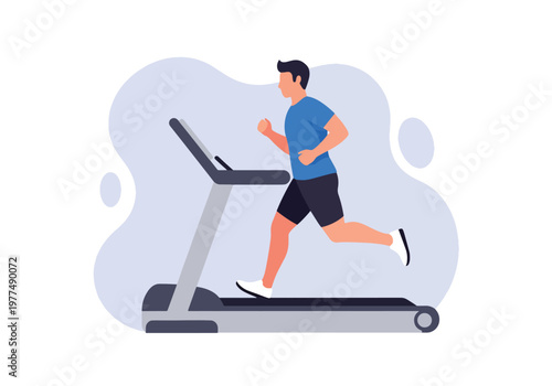 Flat style vector illustration of man running on treadmill, healthy lifestyle and cardio workout concept isolated on modern background for training and exercise