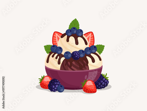 Luxury Vanilla and Chocolate Ice Cream Scoops in Purple Bowl with Rich Berry Toppings, Vector Illustration.