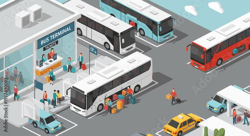 Isometric Bus Terminal with Passengers, Buses, Taxis, and Luggage - Transportation Hub