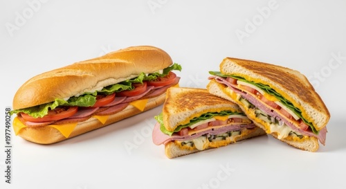 Fresh deli submarine sandwich and toasted club sandwich on white background