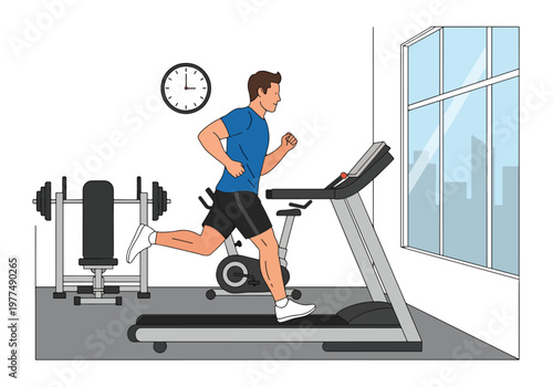 Flat style vector illustration of man running on treadmill, healthy lifestyle and cardio workout concept isolated on modern background for training and exercise