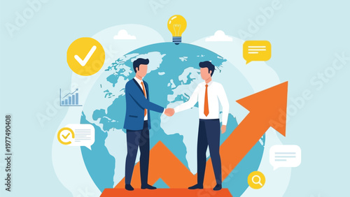 Business partnership and global growth concept with two shaking hands in front of a world map