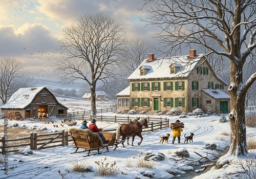 Discover Winter Serenity: Picturesque Countryside Landscape with Snow-Capped Farmhouse and Horse-Drawn Sleigh - Perfect for Cozy Seasonal Escapes and Holiday Inspirations