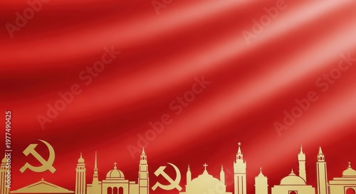 Gold Soviet symbols and multicultural skyline on waving red silk