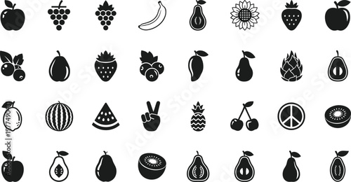 Black and white fruit icon set featuring apple banana strawberry grapes pineapple watermelon avocado dragon fruit and papaya silhouettes for healthy food graphic design elements.