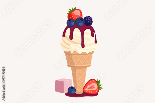 Vanilla Soft Serve Ice Cream Cone topped with Blueberry and Strawberry on White Background, Vector Illustration.