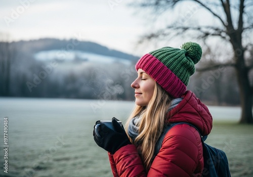 Woman Enjoying a Warm Drink Outdoors on a Chilly Morning - Discover the Perfect Winter Escape with Cozy Hats and Scenic Views