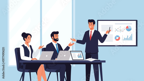 Business professionals engaged in a meeting with laptops and graphs on screen