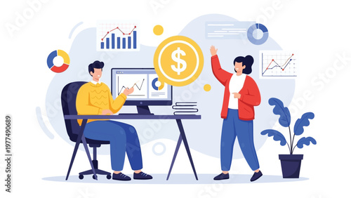 Business people analyzing financial data on computer with graphs and charts around them