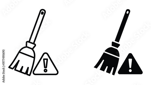 Contrasting brooms with caution and prohibition symbols beside them