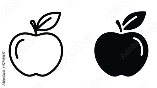Contrast between a simple line drawing apple and a bold filled apple illustration
