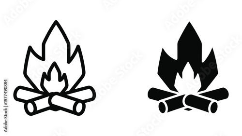 Contrasting styles of campfire icons in black and white line art
