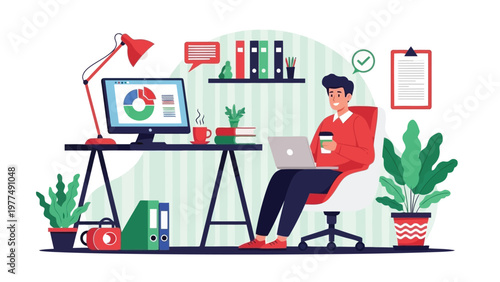 A man sitting at a desk with a laptop and a cup of coffee in a modern office setting with plants and office supplies