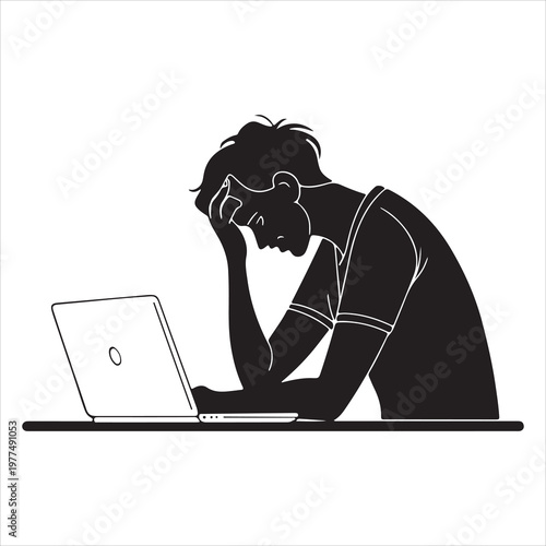 Silhouette vector illustration of depression while working on the computer