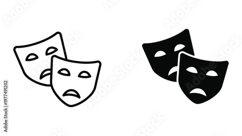 Contrasting theatrical masks representing comedy and tragedy in black and white.