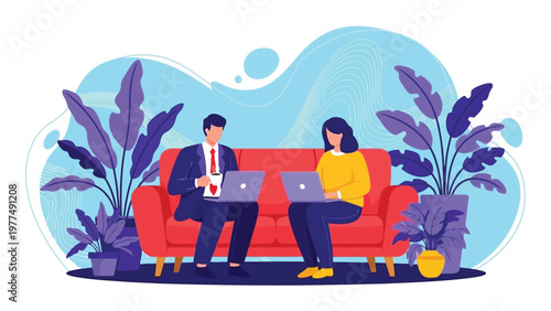 Business colleagues working on laptops while sitting on a red couch at home with plants around them in a modern illustration