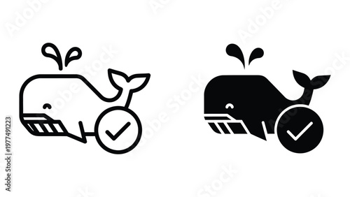 Whale icon designs with checkmarks in contrasting styles