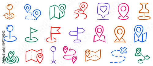 Navigation Geographic Location Routes Related Icons Crayon Chalk Drawing Doodle Vector Set