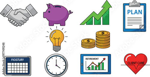 Financial Planning and Strategy Icon Set for Investment, Retirement, Client Care, and Money Management