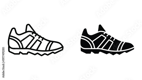 Contrasting athletic shoes in white and black color schemes depicted in simple line art