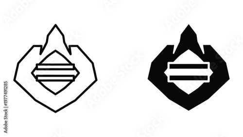 Contrast between monochrome and filled versions of a stylized abstract shield emblem