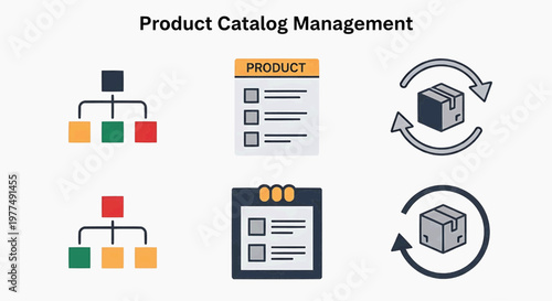 Product catalog management system with boxes and flowcharts on clipboard